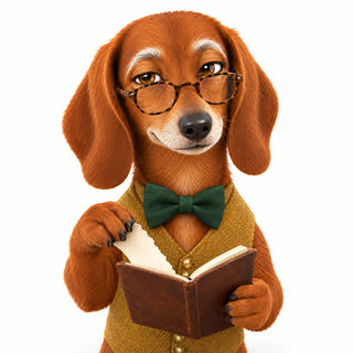 Dr. Noodle, an animated dachshund in a mustard vest and green bow tie, tearing a page from his notebook
